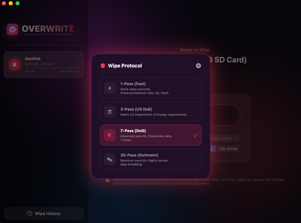 OverWrite Interface - Wipe Protocol Selection