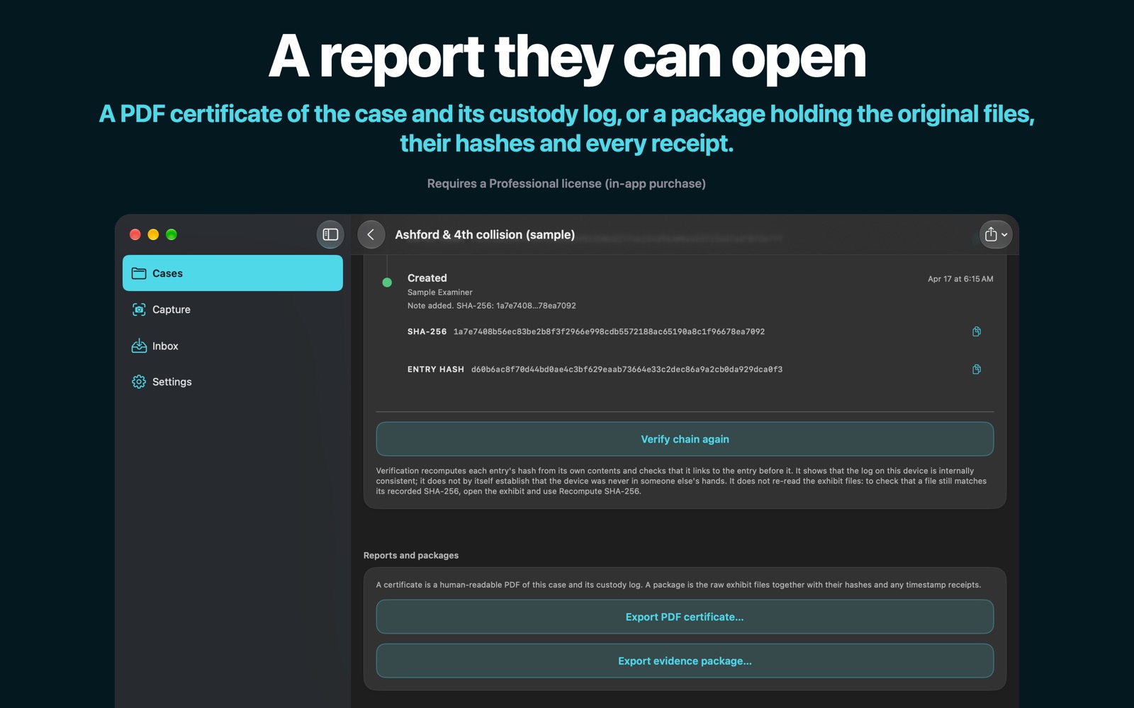 Digital Evidence Vault on Mac: a sample case showing the custody log with a Verify chain button, and the Export PDF certificate and Export evidence package buttons.