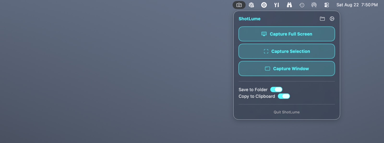 ShotLume’s menu-bar panel: three buttons, Capture Full Screen, Capture Selection and Capture Window, above Save to Folder and Copy to Clipboard switches that are both on
