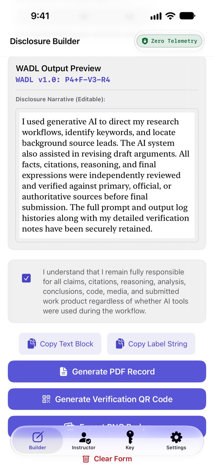 WADL Builder on iPhone: the Disclosure Builder screen with a WADL output preview, an editable disclosure narrative, copy buttons, and Generate PDF Record and Generate Verification QR Code buttons